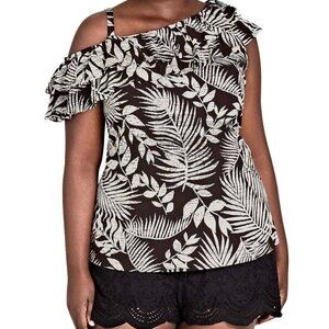 City Chic Plus Palm Print Ruffle One-Shoulder Top Plus Size XL/22 NWT